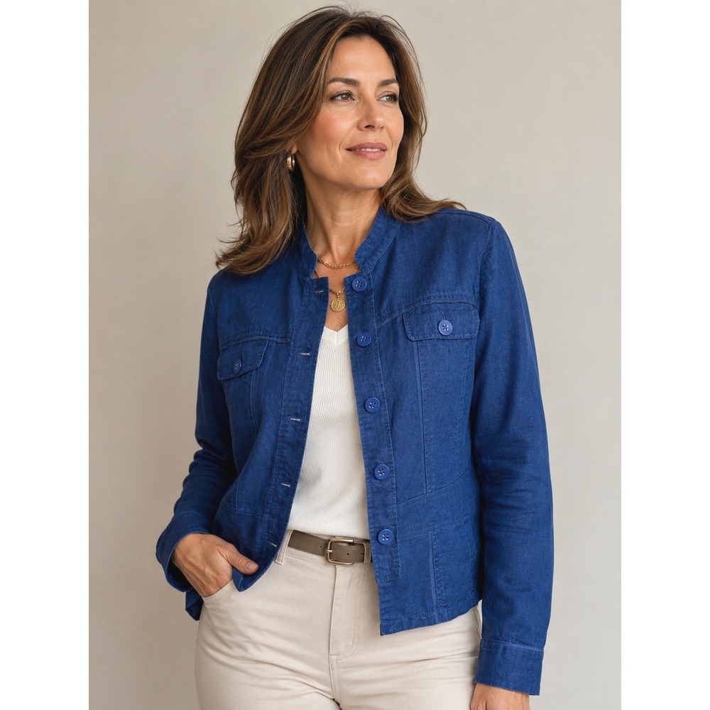 Coldwater Creek Womens Royal Blue 100% Linen Button Front Lightweight Jacket 12